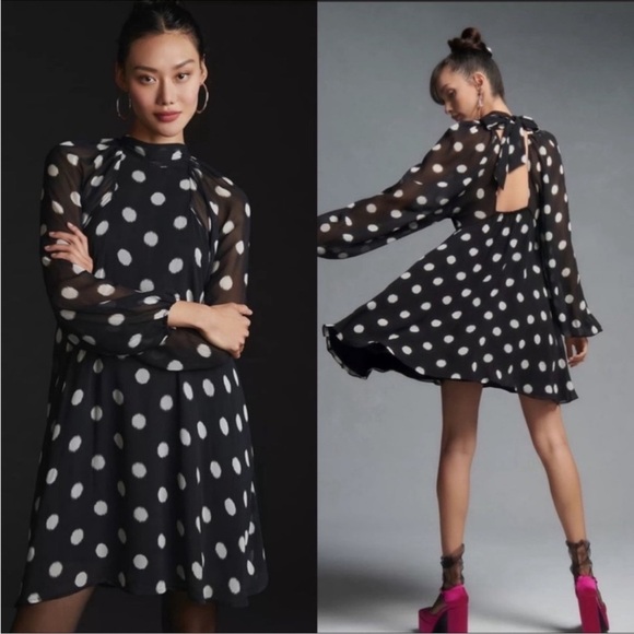 Maeve Black and White Polka Dot Sheer Sleeve Dress- M -NWT!! - Picture 1 of 14